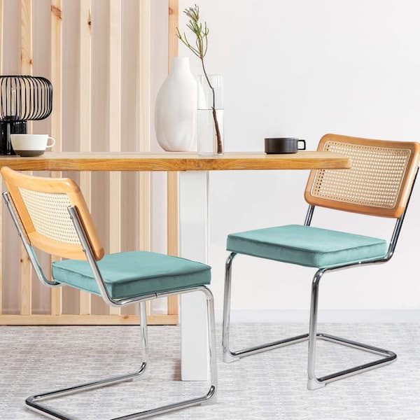 Outdoor Metal Lounge Chair With Blue Cushion, Chrome Metal Base, Natural Rattan Backrest Set of 2