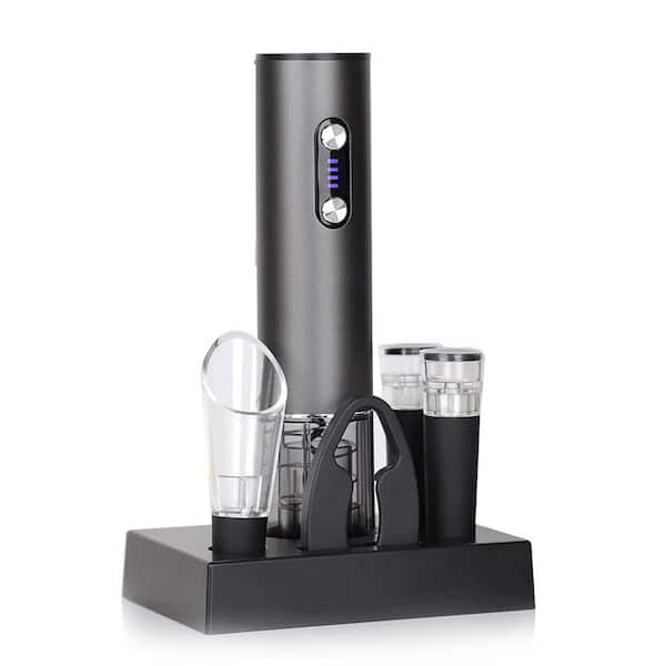 Modern Black Wine Bottle Opener Set with Foil Cutter, Vacuum Stoppers, Wine Pourer, Electric Rechargeable
