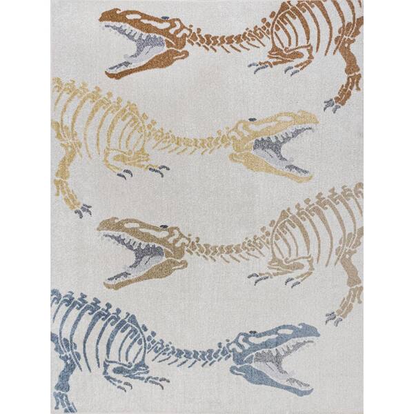Kingdarr T-Rex Modern Kids Machine-Washable Cream/Multi 4 ft. x 6 ft. Area Rug