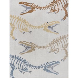 Kingdarr T-Rex Modern Kids Machine-Washable Cream/Multi 5 ft. x 8 ft. Area Rug