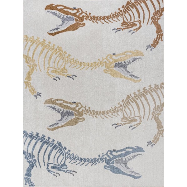 Kingdarr T-Rex Modern Kids Cream/Multi 8 ft. x 10 ft. Machine-Washable Area Rug