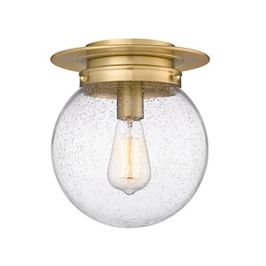 Calhoun 9 in. 1-Light Heritage Brass Modern Farmhouse Flush Mount with Clear Seeded Glass Shade and No Bulbs Included