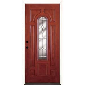 37.5 in. x 81.625 in. Carmel Patina Center Arch Lite Stained Cherry Mahogany Right-Hand Fiberglass Prehung Front Door