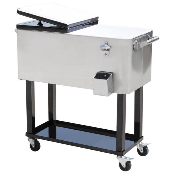 80 qt. Patio Cooler, Rolling Cooling Bins Ice Chest, Drink Cooler Cart in Silver