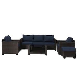 7-Piece Brown Wicker Patio Conversation Set, Sofa Set and Table with Dark Blue Cushions