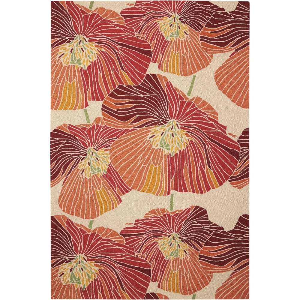 HomeRoots 5 ft. x 8 ft. Ivory and Sunset Floral Hand Hooked Area Rug ...