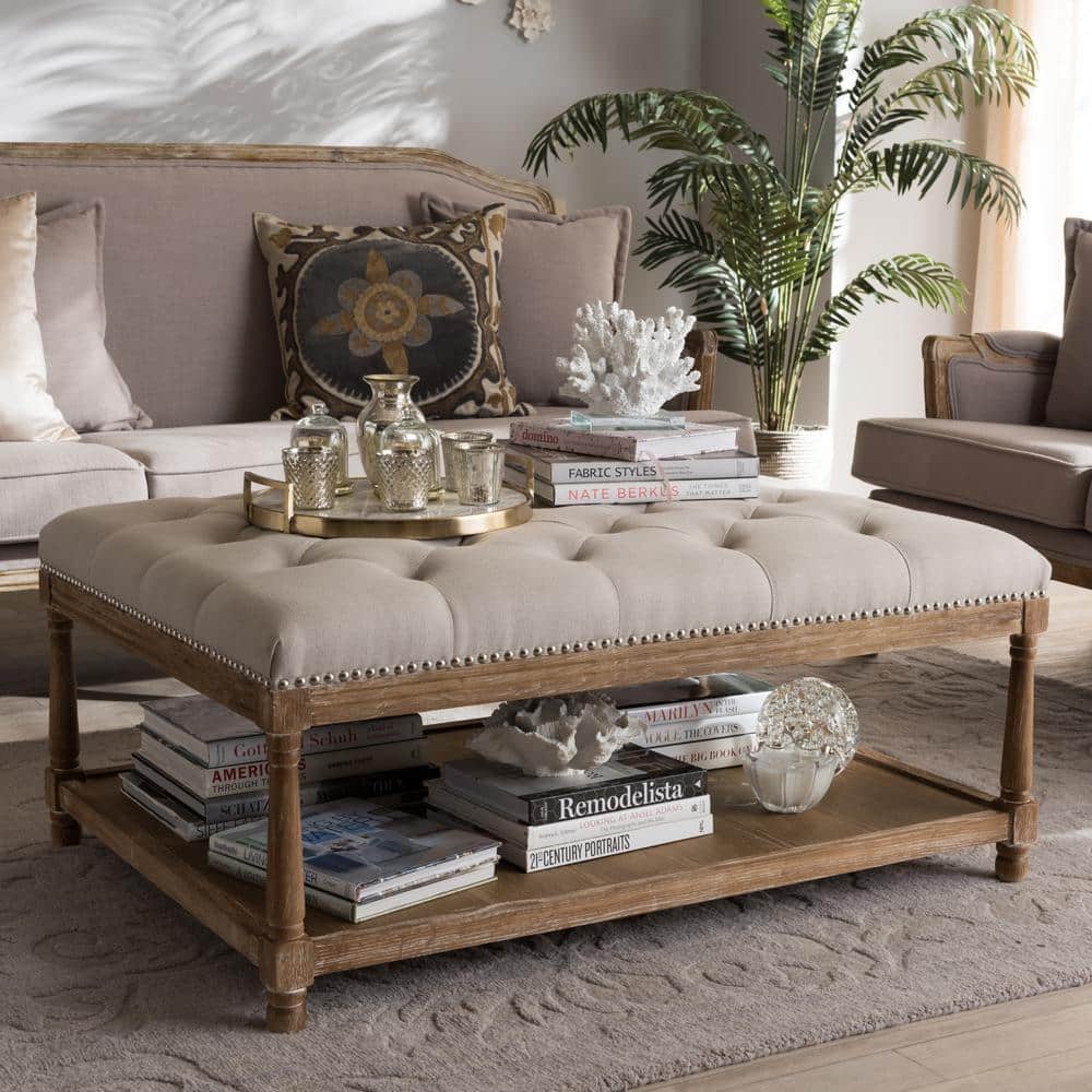 Carlotta Beige Tufted Linen Coffee Table Ottoman