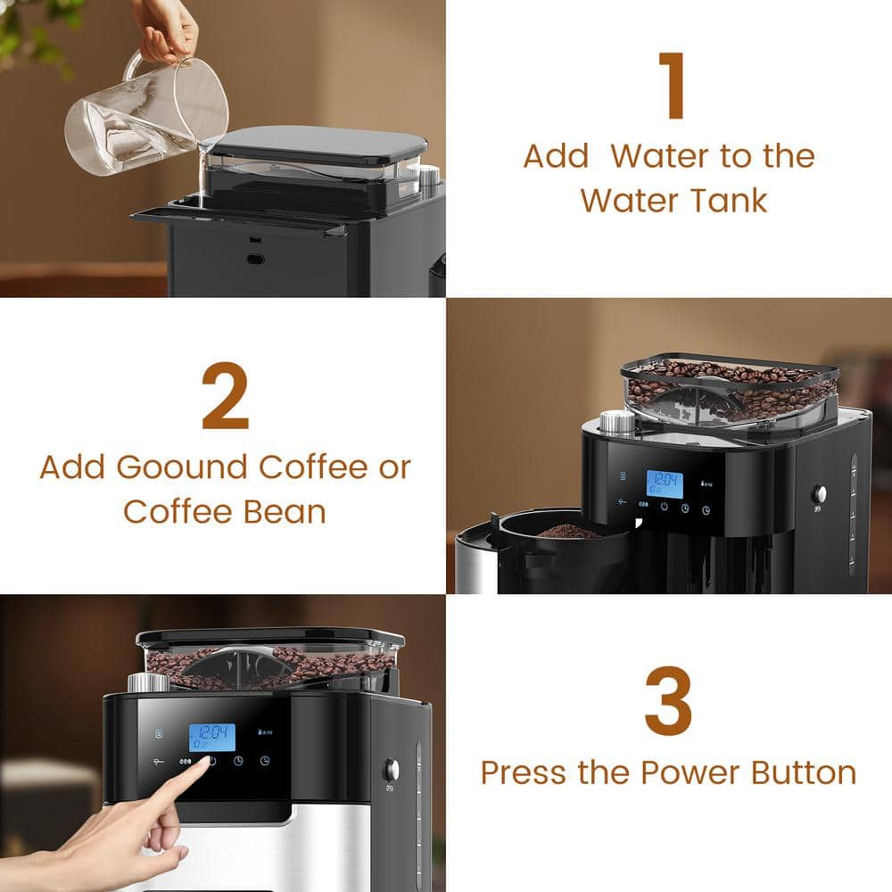 10-Cup Black Stainless Steel Drip Coffee Maker with Built-In Grinder
