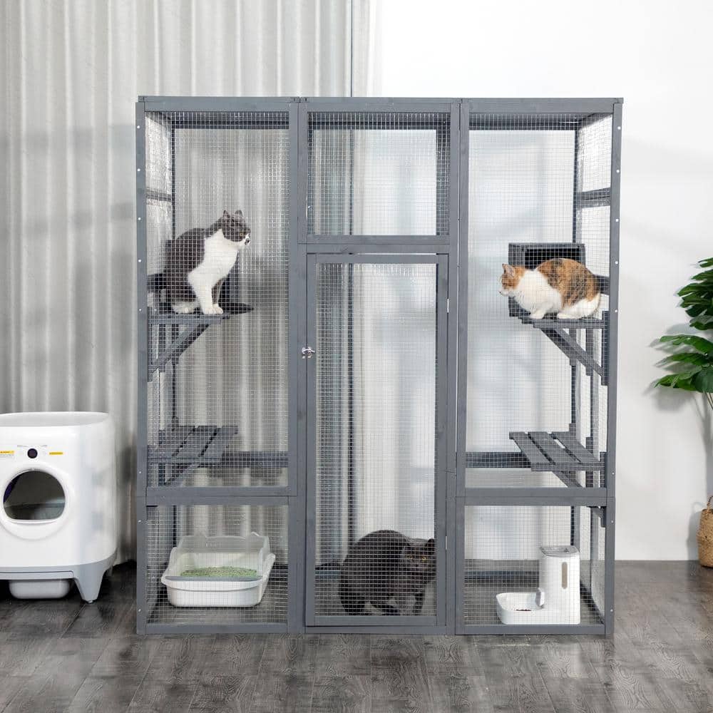 Gray Fir Wood Outdoor Cat Enclosure with Platforms and Condos