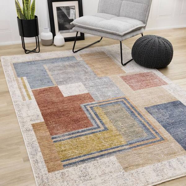 Ceyra Collections 5 ft. x 8 ft. White Distressed, Geometric Indoor Area Rug