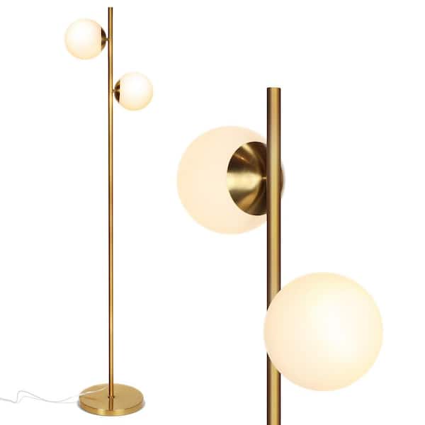 Brightech Sphere 65 in. Antique Brass Modern 2-Light LED Energy Efficient Floor Lamp with 2 Frosted White Glass Globe Shades