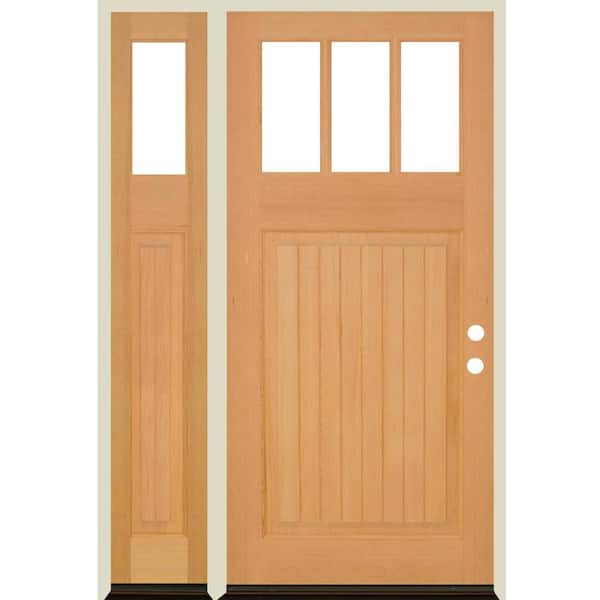 Krosswood Doors 50 in. x 80 in. Craftsman 3-Lite Clear Glass VG Clear Stain Left Hand Hemlock Wood Prehung Front Door w/LSL