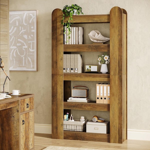 BYBLIGHT Eulas 70.9 in. Tall Brown Wood 5-Shelf Standard Bookcase with H-Shape, Farmhouse Wooden Bookshelf