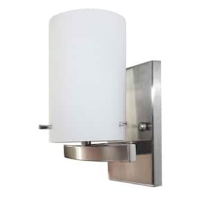 1-Light Brushed Nickel Vanity Lighting with White Frosted Glass LED Integrated