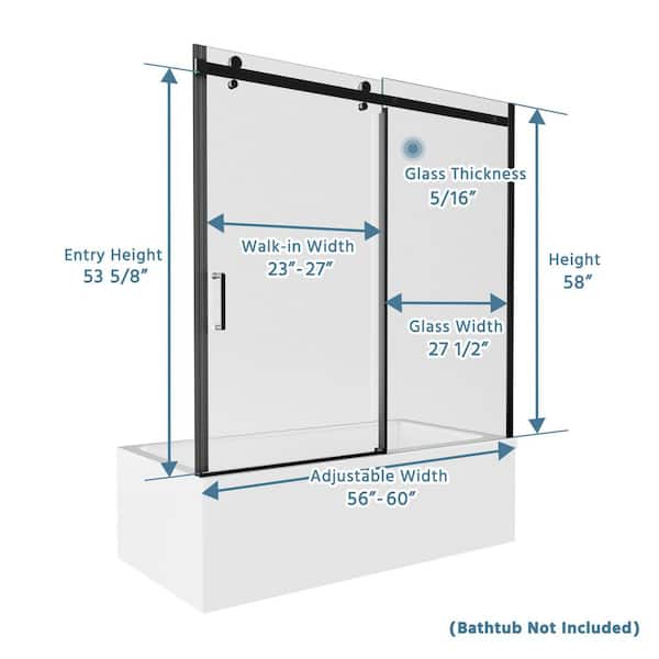 Luxury 56- 60 in. W x 58 in. H Sliding Semi-Frameless Tub Door in Matte Black with 5/16 in. Tempered Clear Glass (8mm)