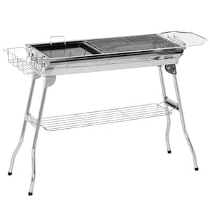 Portable Charcoal Grill in Silver, Stainless Steel Grill with Pan, Grill Rack, Shelves, Hooks