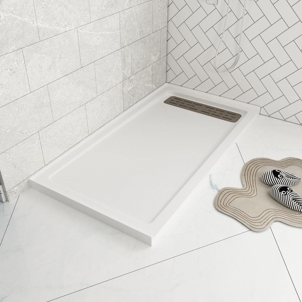 60" x 32" White Acrylic Shower Base with Stainless Steel Drain Cover