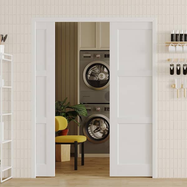 60 in. x 80 in. 3-Panel MDF White Primed, can be Painted Pre-Finished Door Panel Pocket Door Frame with All Hardware