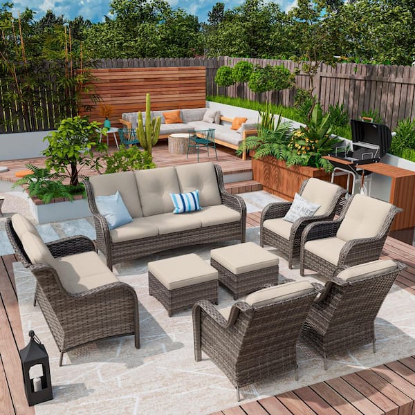 MeetLeisure 8-Piece Wicker Patio Conversation Set Yard Garden Porch with Beige Cushions