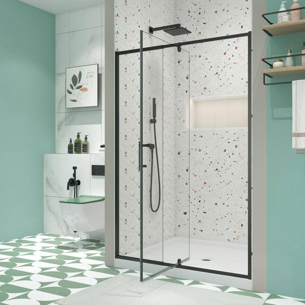 Black Framed Pivot Shower Door with Clear Glass