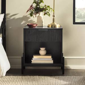 1-Drawer Black Wood and Metal Modern Reeded Nightstand with Exposed Legs