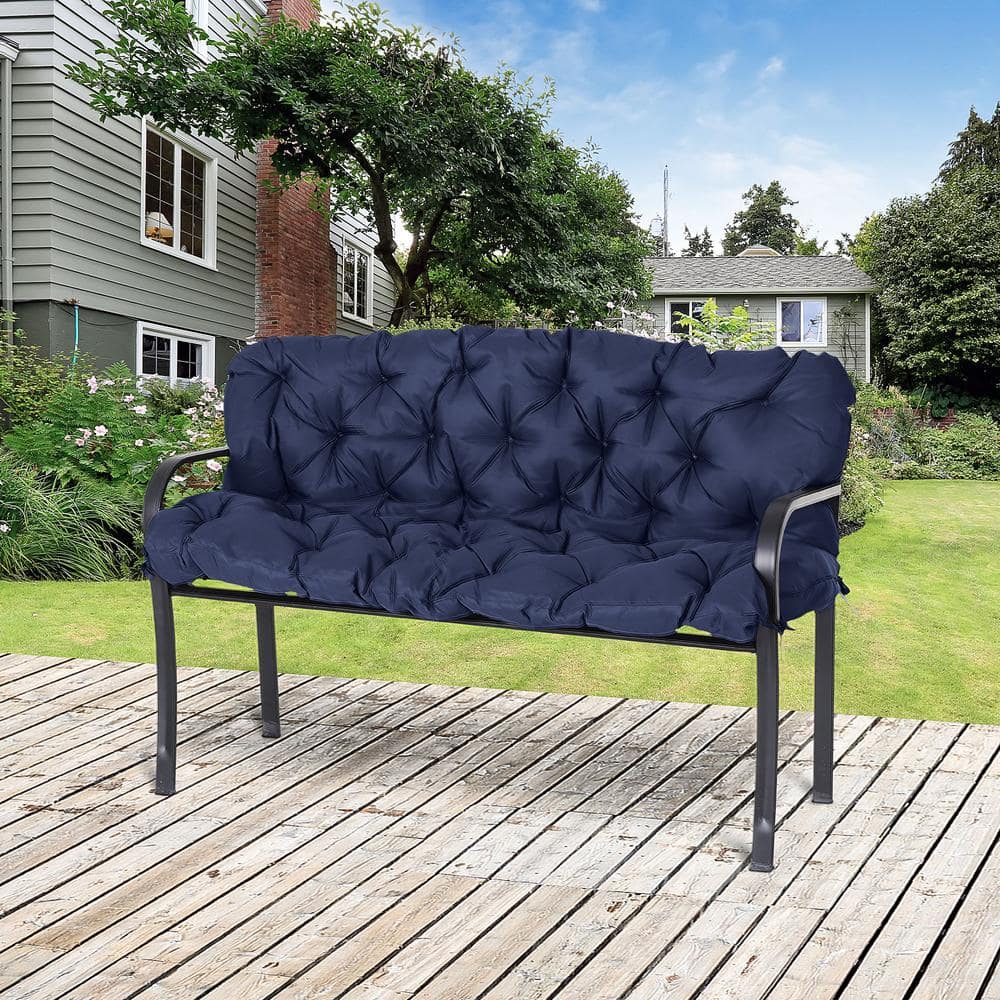 Dark Blue Tufted 3-Seater Outdoor Bench Cushion with Backrest