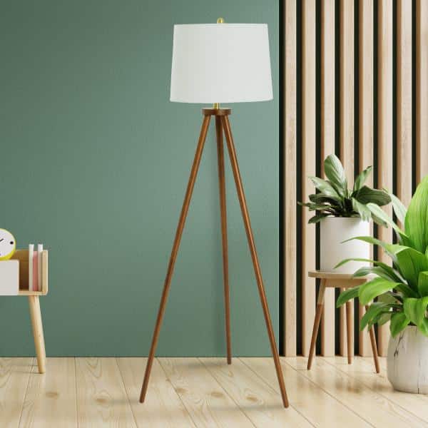 63.5'' Mid-Century Modern White Wood Tripod Floor Lamp