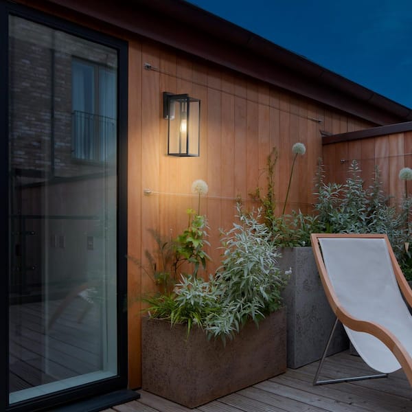 Hurley 19.25 in. 1-Light Modern Black Hardwired Outdoor Wall Light Lantern Porch Sconce with Clear Glass Shade