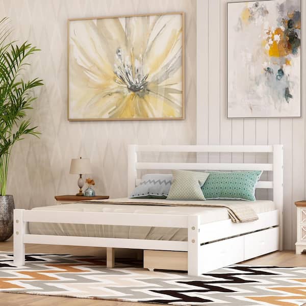 Harper & Bright Designs White Full Wood Platform Bed with 2-Drawers