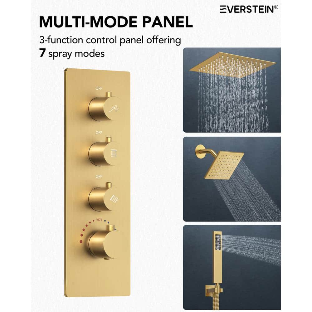 Brushed Gold LED Thermostatic Shower System with 12" Rainfall Head and Body Jets