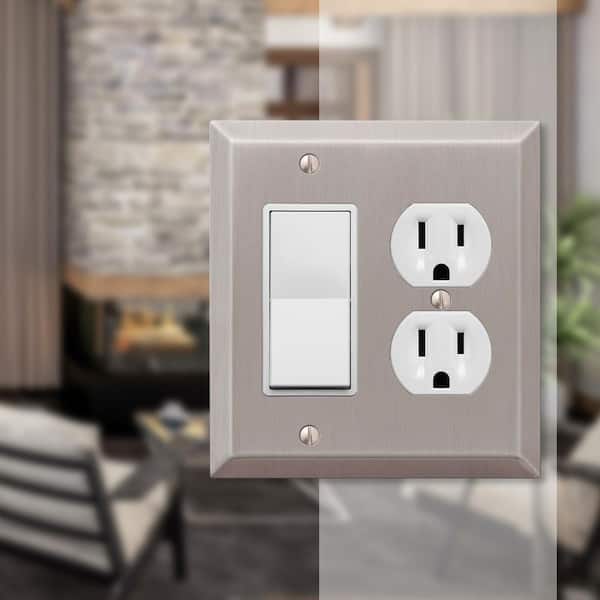 Metallic 2 Gang 1-Duplex and 1-Rocker Steel Wall Plate - Brushed Nickel