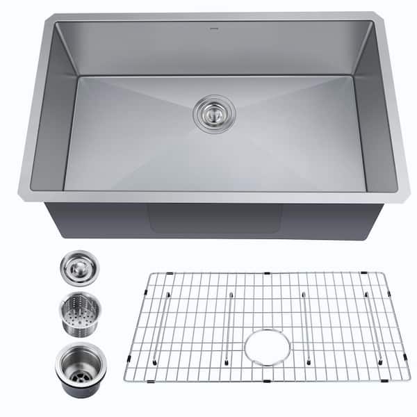30 in. Undermount Single Bowl 16 Gauge Gunmetal Stainless Steel Kitchen Sink with Bottom Grids in Brushed Nickel