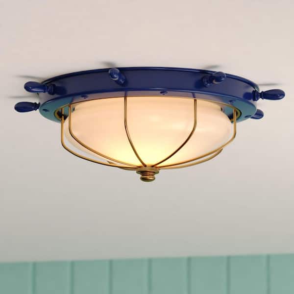 Orleans 15 in. W Navy Blue and Matte Gold Coastal Ship Wheel Flush Mount Indoor Outdoor Ceiling Light Fixture