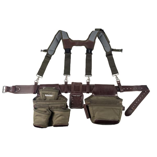 BUCKET BOSS 2-Bag Hybrid Suspension Rig Work Tool Belt with Suspenders in Green