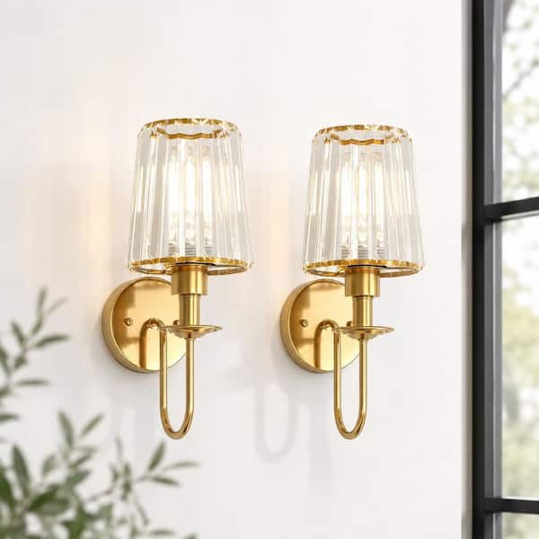2-Pack 1-Light Gold Wall Sconce Cone Glass Traditional Indoor Wall Light for Bedroom Bathroom Hallway Living Room