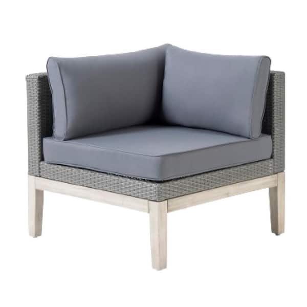 ITOPFOX Gray Wicker Outdoor Lounge Chair with Gray Cushion Acacia Wood with Rattan Woven Finish Loft Corner Sofa (1-Pack)