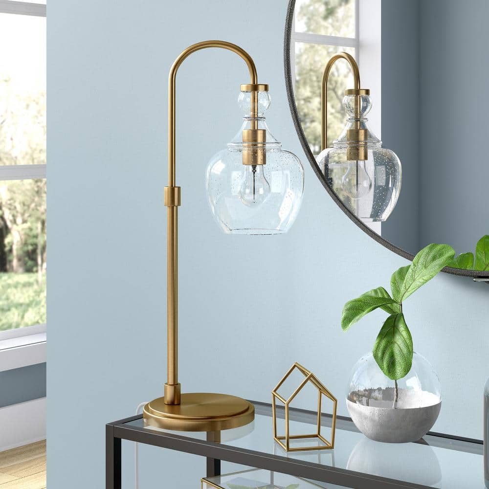 Verona Brushed Brass Arc Table Lamp with Seeded Glass Shade