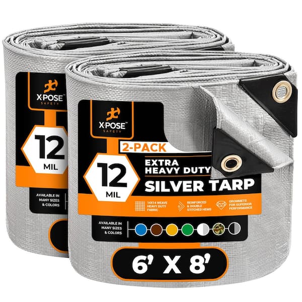 XPOSE SAFETY Extra Heavy-Duty Silver 6 ft. x 8 ft. 12 Mil. Poly Tarp Plus UV, Water, Weather Resistant Plus Grommets (2-Pack) Plastic