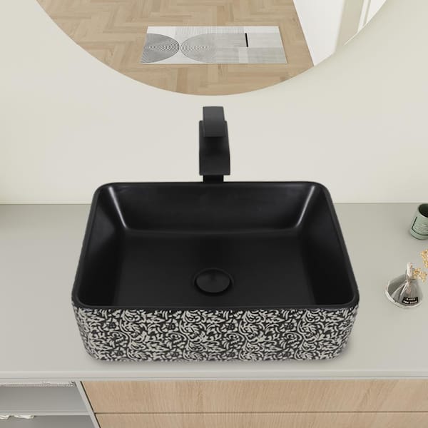 Puluomis 18.9 in. Elegant Hand-Painted Rectangular Ceramic Bathroom Sink in Black with Faucet Pop Up Drain Set