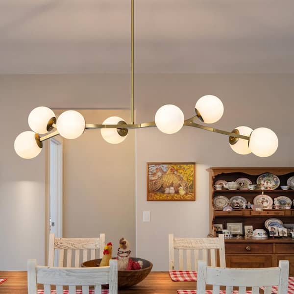 Lucie 55.9 in. 8-Light Gold Sputnik Chandelier with White Opal Glass Shades for Dining Room