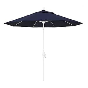 9 ft. Matted White Aluminum Market Patio Umbrella with Fiberglass Ribs Collar Tilt Crank Lift in Navy Sunbrella
