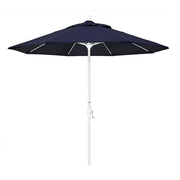 California Umbrella 9 ft. Matted White Aluminum Market Patio Umbrella with Fiberglass Ribs Collar Tilt Crank Lift in Navy Sunbrella