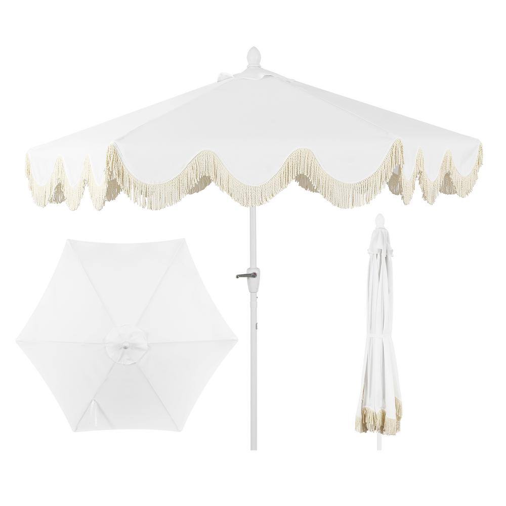 Collins 9 ft. White and Cream Aluminum Patio Umbrella with Tassels