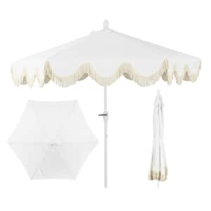 Collins 9 ft. Cottage Tassel Market Patio Umbrella with Auto-Tilt, Crank, Wind Vent and UV Protection in White/Cream