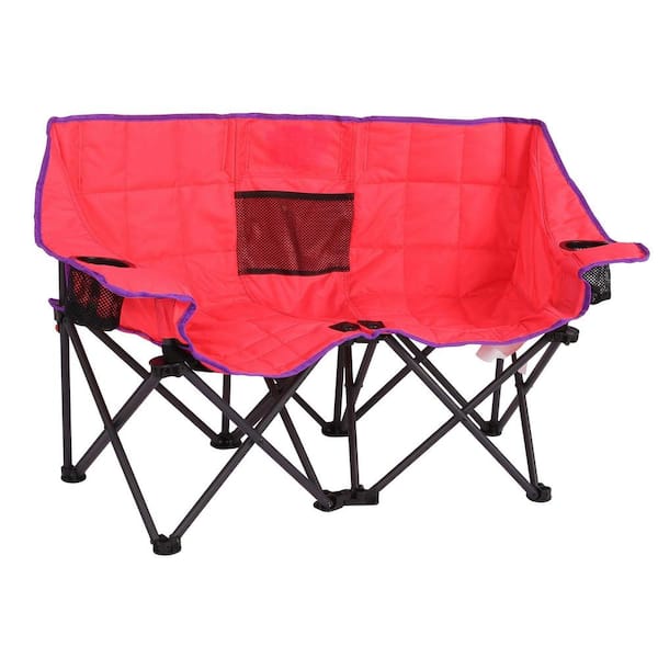 Mondawe Pink 2-Seater Metal Outdoor Beach Chair Lock Design Camping Lounge Chair Lawn Chair with Cup Holder