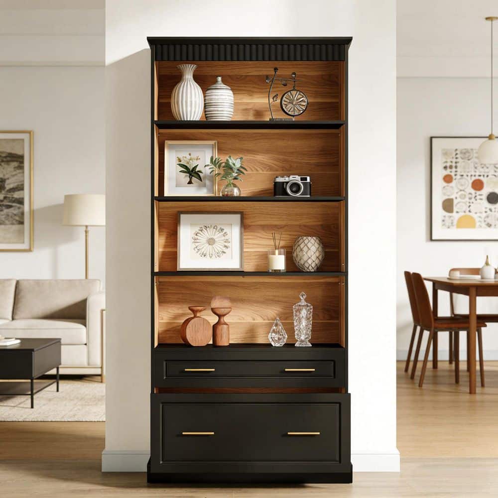 Black 72.8 in. H Accent Storage Cabinet with 2 Drawers, Open Bookshelf Organizer for Living Room, Home Office price history on PriceWatchPro