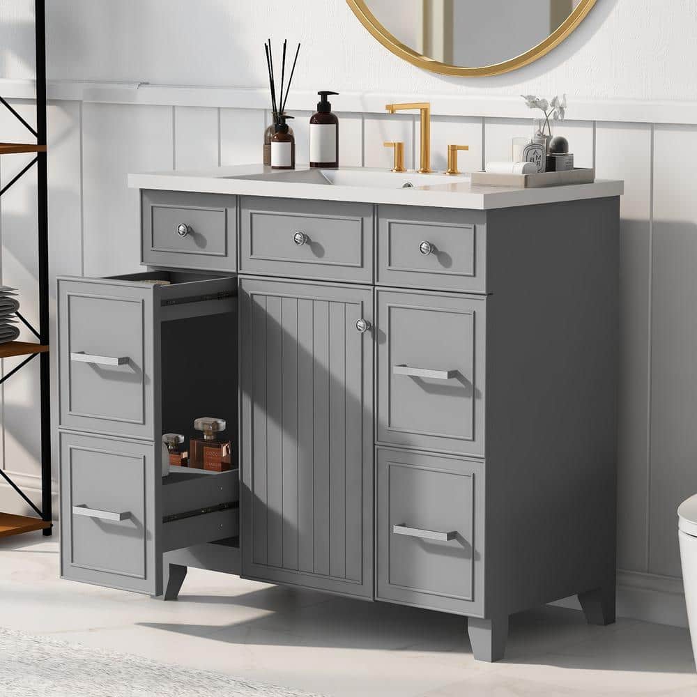 36 in. W x 18 in. D x 34.3 in. H Freestanding Bath Vanity in Gray with Whit