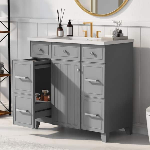 Unbranded 36 in. W x 18 in. D x 34.3 in. H Freestanding Bath Vanity in Gray with White Cultured Marble Top and with Single Sink