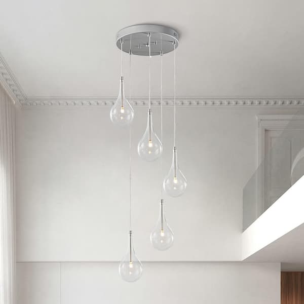 Y'INSP 5 Light Silver Modern Cluster Teardrops Linear Chandelier Ceiling Lighting for Dining Room With Clear Glass Shade