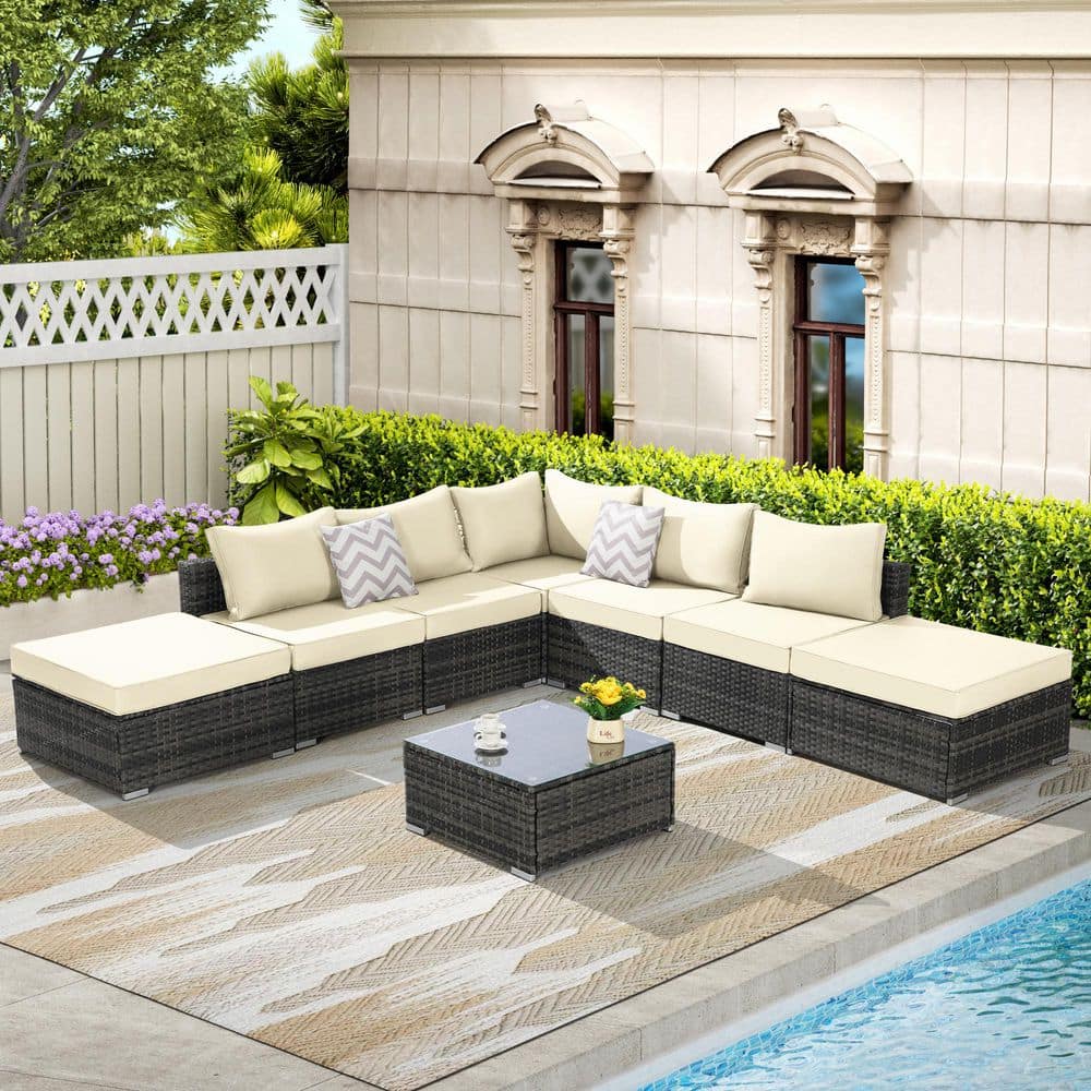 8-Piece Wicker Outdoor Sectional Set with Beige Cushions and Coffee Table